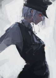 Rule 34 | 1girl, 96yottea, black dress, black hat, black ribbon, chainsaw man, collared shirt, dress, ear piercing, earrings, fami (chainsaw man), fourth east high school uniform, from side, grey hair, hat, jewelry, long sleeves, looking at viewer, military hat, neck ribbon, piercing, pinafore dress, profile, red eyes, ribbon, ringed eyes, school uniform, shirt, short hair, sleeveless, sleeveless dress, solo, tassel, tassel earrings, white background, white shirt