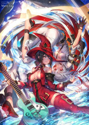 Rule 34 | 2girls, ass, bare shoulders, black hair, blonde hair, breasts, cleavage, fingernails over gloves, guilty gear, guitar, hat, i-no, instrument, jack-o&#039; valentine, mole, multiple girls, oro (sumakaita), red hair, red hat, short hair, thighs, upside-down, water