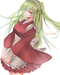 Rule 34 | 1girl, apron, blunt bangs, dress, feet out of frame, frills, green eyes, green hair, hizamaru (tenka hyakken), holding, holding tray, japanese clothes, long hair, long sleeves, looking ahead, maid, maid apron, maid headdress, red dress, sidelocks, smile, solo, standing, tenka hyakken, tray, twintails, twitter username, usami misa, v arms, wa maid, white background, wide sleeves