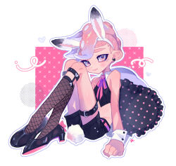 Rule 34 | 1girl, animal ear hairband, animal ears, bare shoulders, belt, black footwear, black shorts, border, closed mouth, commentary request, fake animal ears, fake tail, fishnet socks, fishnets, hairband, high heels, looking at viewer, nintendo, octoling, octoling girl, octoling player character, outside border, piercing, pink background, rabbit ears, rabbit tail, short hair, shorts, simple background, sitting, smile, socks, solo, splatoon (series), suke 81, tail, tentacle hair, thick eyebrows, thigh belt, thigh strap, white border, white hairband
