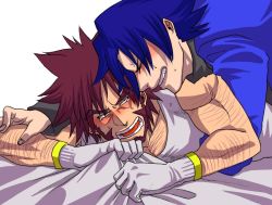 Rule 34 | 2boys, age difference, anal, artist request, bara, bed, bed sheet, blue hair, blush, body hair, brown hair, character request, clenched hands, clenched teeth, closed eyes, clothed sex, creatures (company), doggystyle, facial hair, game freak, gloves, male focus, male penetrated, multiple boys, nintendo, open mouth, pokemon, sex, sex from behind, sweat, tears, teeth, tongue, wince, yaoi