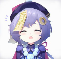 Rule 34 | 1girl, absurdres, bead necklace, beads, blush, braid, close-up, closed eyes, coin hair ornament, dress, dual blow, earrings, fang, genshin impact, hair ornament, highres, jewelry, jiangshi, necklace, notice lines, ofuda, open mouth, ponytail, purple dress, purple hair, qiqi (genshin impact), short hair, skin fang, smile, solo, stud earrings, white background