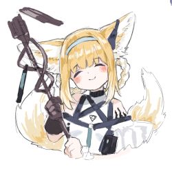 Rule 34 | 1girl, ^ ^, animal ear fluff, animal ears, arknights, bare shoulders, black gloves, blonde hair, blue hairband, blush, braid, braided hair rings, closed eyes, closed mouth, commentary request, cropped torso, facing viewer, fox ears, fox girl, fox tail, gloves, hair rings, hairband, head tilt, holding, holding staff, kitsune, material growth, multicolored hair, oripathy lesion (arknights), shirt, sidelocks, simple background, solo, staff, streaked hair, suzuran (arknights), tail, twin braids, upper body, white background, white hair, white shirt, yofuraruto