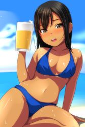 Rule 34 | 1girl, :d, absurdres, alcohol, bare arms, bare shoulders, beer, beer mug, bikini, black hair, blue bikini, blue sky, blush, breasts, brown eyes, cleavage, cloud, cloudy sky, cup, day, feet out of frame, foam, highres, holding, holding cup, horizon, long hair, looking at viewer, matsunaga kouyou, medium breasts, mug, navel, nose blush, ocean, open mouth, original, outdoors, sky, smile, solo, swimsuit, tan, teeth, upper teeth only, water