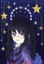 Rule 34 | 1girl, black hair, blue background, blue sash, bolo tie, brooch, closed mouth, commentary request, expressionless, flower, frilled sash, frilled shirt collar, frills, from side, glasses, highres, japanese clothes, jewelry, kimono, long hair, looking at viewer, looking to the side, obi, obiage, original, portrait, purple eyes, purple kimono, round eyewear, sash, solo, star (symbol), starry hair, starry sky print, upper body, ushiyama ame, wavy hair, white flower