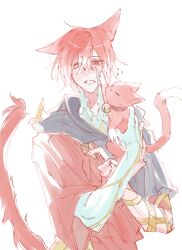 Rule 34 | 1boy, animal, animal ears, bell, cat, cat ears, cat tail, crystal exarch, final fantasy, final fantasy xiv, g&#039;raha tia, holding, holding animal, holding cat, hooded robe, jingle bell, male focus, material growth, neck bell, open mouth, red eyes, red hair, robe, tail, tladpwl03