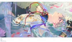 Rule 34 | 1boy, bishounen, blue eyes, blue hair, chain, diami, flower, flower knot, highres, jade (gemstone), koi, lotus, lying, male focus, original, partially submerged, partially underwater shot, profile, short hair, solo, traditional clothes, wading, water