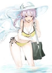 Rule 34 | 1girl, absurdres, bag, bare shoulders, bikini, blush, braid, breasts, chaldea lifesavers, cleavage, collarbone, fate/grand order, fate (series), florence nightingale (chaldea lifesavers) (fate), florence nightingale (fate), folded ponytail, harutask, hat, highres, large breasts, leaning forward, long hair, looking at viewer, navel, open mouth, pink hair, red eyes, shirt, shirt on shoulders, shoulder bag, side-tie bikini bottom, single braid, sun hat, swimsuit, thighs, very long hair, wading, water, whistle, whistle around neck, white headwear, white shirt, wide hips, yellow bikini