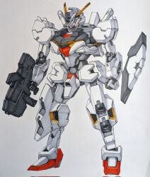 Rule 34 | assault visor, clenched hand, corrupted twitter file, eclogue.566, full body, gun, gundam, gundam lfrith, gundam suisei no majo, highres, holding, holding gun, holding weapon, mecha, mobile suit, no humans, original, redesign, robot, traditional media, weapon, white background