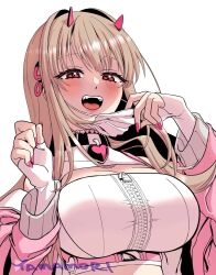 Rule 34 | 1girl, artist name, black collar, blush, breasts, chest harness, choker, cleavage, clenched hand, collar, crop top, fangs, fingerless gloves, gloves, goddess of victory: nikke, hair ornament, harness, heart collar, heart o-ring, heart pendant, highres, holding, holding mask, horns, jacket, large breasts, light brown hair, long hair, mask, mask pull, mouth mask, nail polish, open clothes, open jacket, open mouth, pink jacket, pink nails, red eyes, sidelocks, simple background, smile, solo, teeth, upper body, upper teeth only, viper (nikke), white background, white gloves, yamamori (machidaco), zipper, zipper pull tab