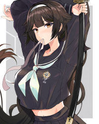 Rule 34 | 1girl, akatuki, arms up, azur lane, black sailor collar, black serafuku, black shirt, black skirt, brown hair, commentary request, crop top, crop top overhang, extra ears, hair ears, hairband, highres, holding, holding sword, holding weapon, long hair, looking at viewer, midriff, miniskirt, mouth hold, official alternate costume, pleated skirt, revision, ribbon, sailor collar, school uniform, serafuku, sheath, sheathed, shirt, skirt, solo, sword, takao (school romanza) (azur lane), takao (azur lane), very long hair, weapon, white hairband, white neckwear, white ribbon, yellow eyes