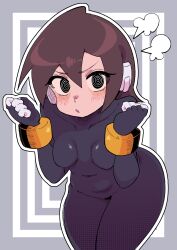 1girl absurdres aile_(mega_man_zx) black_bodysuit black_eyes blush bodysuit breasts brown_hair buzzlyears clenched_hands covered_navel cowboy_shot grey_background highres looking_at_viewer mega_man_(series) mega_man_zx ringed_eyes robot_ears short_hair simple_background small_breasts solo