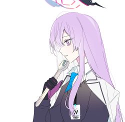 Rule 34 | 1girl, absurdly long hair, artist request, black jacket, blue archive, blue necktie, from side, halo, headgear, jacket, long hair, long sleeves, necktie, purple eyes, purple hair, solo, utaha (blue archive), very long hair, white background, wrench