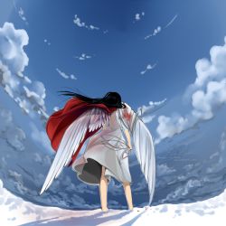 Rule 34 | 1girl, bandages, barefoot, black hair, blood, cape, cloud, day, dress, from behind, highres, long hair, original, sabaku no hana, signature, sky, snow, solo, standing, wings