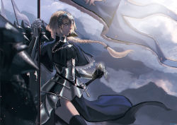 Rule 34 | 1girl, armor, armored dress, black gloves, blonde hair, blue eyes, braid, capelet, chain, fate/apocrypha, fate (series), faulds, flag, gauntlets, gloves, headpiece, jakojakojako, jeanne d&#039;arc (fate), jeanne d&#039;arc (ruler) (fate), knight, sheath, sheathed, single braid, solo focus, standard bearer, sword, thighhighs, weapon, wind