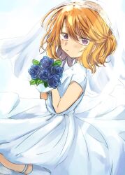 Rule 34 | 1girl, alternate costume, alternate hairstyle, blue flower, blue rose, bouquet, bridal garter, bridal veil, bride, check commentary, child, closed mouth, cloud, cloudy sky, commentary request, dress, flat chest, flower, from side, full body, gradient background, hair between eyes, hands up, highres, holding, holding bouquet, idolmaster, idolmaster cinderella girls, lace, lace trim, leaf, light blush, light rays, long dress, looking at viewer, looking to the side, medium hair, orange hair, purple eyes, rose, see-through, see-through veil, seiza, short sidetail, short sleeves, side ponytail, sidelocks, sitting, sky, solo, straight hair, swept bangs, toya 0321, veil, wedding dress, white bridal garter, white dress, yuuki haru
