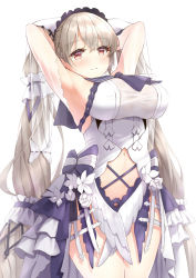 Rule 34 | 1girl, absurdres, armpits, arms behind back, arms up, azur lane, blush, bow, breasts, classic (zildjian33), closed mouth, clothing cutout, dress, dress bow, embarrassed, feather dress, female focus, formidable (azur lane), formidable (timeless classics) (azur lane), hair tubes, headdress, highres, large breasts, layered dress, light brown hair, long hair, looking at viewer, navel, navel cutout, official alternate costume, red eyes, short dress, simple background, solo, twintails, veil, very long hair, white background, white dress