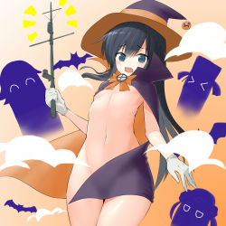 Rule 34 | &gt; &lt;, 1girl, ^^^, arm at side, asashio (kancolle), bat (animal), black hair, blue eyes, blush, bow, bowtie, breasts, cape, commentary request, convenient censoring, fang, ghost, gloves, groin, hair between eyes, halloween, hat, highres, holding, kantai collection, kuronaga, long hair, looking at viewer, naked cape, open mouth, orange bow, orange bowtie, pumpkin, purple cape, purple hat, small breasts, smile, solo, stomach, underboob, white gloves, witch hat