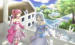 Rule 34 | 2girls, :d, asakurashinji, blue eyes, blue hair, breasts, cleavage, hair ornament, hair tubes, hairband, highres, jewelry, lolita hairband, long hair, looking at viewer, medium breasts, multiple girls, necklace, open mouth, original, outdoors, pink eyes, pink hair, ponytail, smile, star (symbol), star hair ornament, star necklace