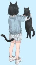 Rule 34 | 02 (0203rei ni), 1girl, animal, animal ears, black cat, black hair, blue background, blue jacket, blue skirt, cat, cat ears, cat tail, corrupted twitter file, from behind, highres, holding, holding animal, holding cat, jacket, long sleeves, original, pleated skirt, shirt, shoes, short hair, skirt, sneakers, solo, tail, white footwear, white shirt