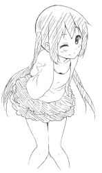 Rule 34 | 1girl, closed mouth, collarbone, errant, female focus, greyscale, k-on!, knees together feet apart, lineart, long hair, looking at viewer, monochrome, nakano azusa, one eye closed, simple background, solo, twintails, white background, wink
