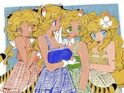 Rule 34 | 4girls, animal ears, aqua eyes, blonde hair, blue eyes, bow, breasts, cleavage, cowboy shot, gloves, green eyes, hair bow, hand up, highres, large breasts, long hair, multiple girls, open mouth, orange eyes, original, parted bangs, plaid, profile, shino bunnys, short hair, small breasts, tail, tiger ears, tiger tail, upper body, white bow, white gloves