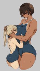 Rule 34 | 2girls, blonde hair, blue one-piece swimsuit, breasts, brown hair, dark-skinned female, dark skin, grabbing, grabbing another&#039;s breast, grey background, hair between eyes, hand on another&#039;s head, highres, huge breasts, kei (m k), looking at another, m k, multiple girls, one-piece swimsuit, original, ponytail, red eyes, rika (m k), short hair, simple background, swimsuit, tan, tanline, tomboy, wet, wet clothes, wet swimsuit, yuri