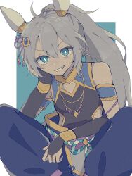 Rule 34 | 1girl, ahoge, animal ears, armband, bad id, bad pixiv id, baggy pants, bare shoulders, black gloves, blue pants, bridal gauntlets, clothing cutout, ear covers, elbow gloves, flat chest, gloves, green eyes, grey hair, grin, hand on own cheek, hand on own face, highres, horse ears, jewelry, long hair, looking at viewer, necklace, pants, ponytail, rjsn, rope, shimenawa, shirt, sitting, sleeveless, sleeveless shirt, smile, solo, tamamo cross (fierce thunder god) (umamusume), tamamo cross (umamusume), umamusume, v-shaped eyebrows