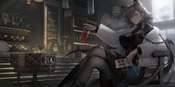 Rule 34 | 1girl, animal ears, arknights, bar (place), binggong asylum, black dress, black pantyhose, bottle, braid, breasts, brown hair, chain, chinese commentary, coat, commentary request, counter, dress, drink, feet out of frame, fur coat, highres, holding, holding drink, indoors, jingle bell earrings, large breasts, long hair, mole above eye, official alternate costume, pantyhose, penance (arknights), penance (occasionally flushed) (arknights), red wine, side braid, solo, very long hair, wine bottle, wine rack, wolf ears, wolf girl, yellow eyes