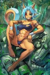 Rule 34 | 1girl, ;d, abs, armband, bare legs, bare shoulders, barefoot, blood, blood on hands, blue hair, borrowed character, breasts, collarbone, commentary, commission, covered erect nipples, dark-skinned female, dark skin, day, eyes visible through hair, fingernails, green eyes, grin, highres, horns, injury, krokobyaka, looking at viewer, medium breasts, nature, navel, one eye closed, open mouth, original, outdoors, pointy ears, sharp fingernails, sharp toenails, short hair, sitting, smile, solo, spread legs, stomach, sweat, tail, teeth, toenails, torn clothes, tree, wrist wrap