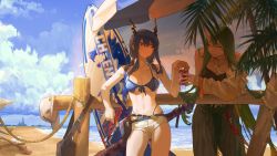 Rule 34 | 2girls, absurdres, arknights, bag, ball, beach, beach chair, beach umbrella, bikini, bikini under clothes, black skirt, black tank top, blue bikini, blue hair, blue sky, breasts, can, ch&#039;en (arknights), ch&#039;en the holungday (arknights), ch&#039;en the holungday (elite ii) (arknights), cloud, commentary, cowboy shot, dragon horns, fence, front-tie top, hat, highres, holding, holding can, holding removed eyewear, horns, hoshiguma (arknights), jacket, jewelry, large breasts, long hair, looking at another, multiple girls, navel, necklace, ocean, official alternate costume, official alternate hairstyle, outdoors, palm tree, pouch, red eyes, rope, sheath, sheathed, shorts, single horn, skin-covered horns, skirt, sky, stomach, sunglasses, surfboard, swimsuit, sword, tank top, tree, twintails, umbrella, unworn bag, unworn eyewear, unworn hat, unworn headwear, volleyball (object), waves, weapon, white headwear, white jacket, wushier, yellow eyes