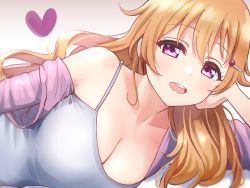 Rule 34 | 10s, 1girl, bare shoulders, blush, breasts, brown hair, cleavage, deadnooodles, gradient background, half-closed eyes, head rest, heart, konoe kanata, large breasts, light blush, light smile, long hair, looking at viewer, love live!, love live! nijigasaki high school idol club, love live! school idol festival all stars, lying, off shoulder, on side, open mouth, pink eyes, shadow, simple background, solo