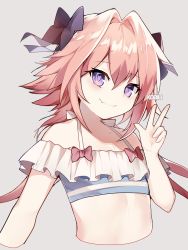Rule 34 | 1boy, astolfo (fate), astolfo (sparkling frills) (fate), bad id, bad pixiv id, bare shoulders, bikini, bikini top only, black bow, blue bikini, blush, bow, braid, closed mouth, collarbone, fang, fate/apocrypha, fate/extella, fate/extra, fate (series), frilled bikini, frills, grey background, hair intakes, hand up, long braid, long hair, looking at viewer, male focus, multicolored hair, off-shoulder bikini, off shoulder, official alternate costume, pink hair, purple eyes, simple background, single braid, skin fang, smile, solo, streaked hair, swimsuit, trap, w, white hair, xoaiu