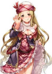 Rule 34 | 10s, 1girl, :q, bare shoulders, belt, blonde hair, blush, bow, breasts, cleavage, cleavage cutout, clothes lift, clothing cutout, covered navel, diola (granblue fantasy), dress, dress lift, frilled skirt, frilled sleeves, frills, granblue fantasy, hat, hat bow, highres, jacket, jiora (granblue fantasy), layered clothes, legs together, licking lips, long hair, long sleeves, looking at viewer, meme attire, neo-masterpeacer, off-shoulder dress, off shoulder, ok sign, open-chest sweater, open clothes, open jacket, pink dress, plaid, plaid dress, pleated dress, simple background, skirt, skirt lift, smile, solo, standing, sweater, tongue, tongue out, turtleneck, very long hair, white background, yellow eyes