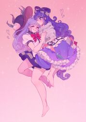 Rule 34 | 2girls, bare legs, barefoot, blue bow, blue eyes, blue hair, blue skirt, bow, closed eyes, closed mouth, curly hair, dreamysuite, frilled skirt, frills, gradient background, grey hoodie, hair bow, happy, heart, highres, hinanawi tenshi, hood, hoodie, juliet sleeves, long hair, long sleeves, multiple girls, peach hat ornament, pink background, puffy sleeves, shirt, simple background, skirt, smile, touhou, very long hair, white shirt, yorigami shion