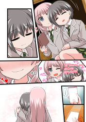 Rule 34 | 2girls, bang dream!, bang dream! it&#039;s mygo!!!!!, blush, chihaya anon, closed eyes, closed mouth, collared shirt, commentary request, green necktie, green skirt, grey eyes, grey hair, grey jacket, hand on another&#039;s shoulder, haneoka school uniform, head on another&#039;s shoulder, heart, highres, holding, holding phone, jacket, long hair, long sleeves, multiple girls, murabito, necktie, one eye closed, open mouth, phone, pink hair, pleated skirt, school uniform, shirt, short hair, skirt, sleeping, sleeping on person, takamatsu tomori, thought bubble, white shirt, yuri