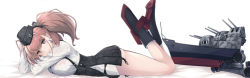 Rule 34 | 1girl, anchor hair ornament, ass, atlanta (kancolle), atlanta (kancolle) (cosplay), black footwear, black hat, black skirt, blush, boots, breasts, brown hair, commentary request, cosplay, dakimakura (medium), dress shirt, earrings, from side, full body, garrison cap, garter straps, gloves, grey eyes, hair ornament, hat, high-waist skirt, jewelry, kantai collection, kochipu, large breasts, long hair, long sleeves, looking at viewer, lying, machinery, on stomach, partially fingerless gloves, rigging, rudder footwear, shirt, simple background, skirt, smile, solo, star (symbol), star earrings, suspender skirt, suspenders, turret, two side up, white background, white gloves, white shirt