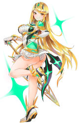 Rule 34 | 1girl, aegis sword (xenoblade), bare legs, bare shoulders, blonde hair, breasts, chest jewel, cleavage, cleavage cutout, clothing cutout, dress, earrings, elbow gloves, gem, gloves, headpiece, highres, jewelry, large breasts, long hair, mythra (xenoblade), ribbed swimsuit, short dress, solo, swept bangs, thigh strap, tiara, tim (a9243190a), very long hair, white dress, white footwear, white gloves, xenoblade chronicles (series), xenoblade chronicles 2, yellow eyes
