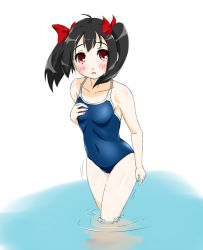 Rule 34 | 10s, 1girl, black hair, bow, competition school swimsuit, cowboy shot, hair bow, hand on own chest, highres, himadarou, long hair, love live!, love live! school idol project, one-piece swimsuit, red eyes, school swimsuit, solo, swimsuit, twintails, wading, yazawa nico