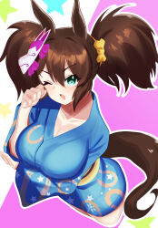 Rule 34 | 1girl, absurdres, alternate costume, animal ears, aqua eyes, blue kimono, brown hair, clenched hand, collarbone, fang, fox mask, from above, hair ribbon, hakurogi, hand on own elbow, hand on own face, highres, horse ears, horse girl, horse tail, horseshoe print, inari one (umamusume), japanese clothes, kimono, looking at viewer, looking up, mask, mask on head, multicolored background, one eye closed, ribbon, skin fang, solo, tail, twintails, umamusume, yellow ribbon, yukata