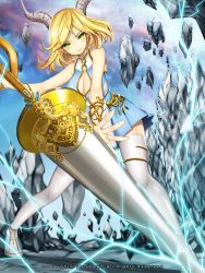 Rule 34 | 1girl, bad id, bad pixiv id, bare shoulders, blonde hair, cleavage cutout, clothing cutout, cross, destruction, dress, gold, highres, horns, jewelry, kaizin rumble, light smile, lightning, looking at viewer, original, primcoco, rock, solo, thighhighs, weapon, white thighhighs