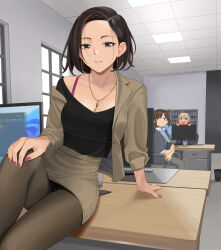 Rule 34 | 3girls, absurdres, ahoge, black hair, blonde hair, blue eyes, breasts, brown eyes, brown hair, computer, desk, douki-chan (douki-chan), earrings, feet out of frame, folder, ganbare douki-chan, highres, holding, holding folder, hoop earrings, indoors, jewelry, looking at another, looking at viewer, medium breasts, medium hair, miniskirt, multiple girls, necklace, office, office lady, on desk, pantyhose, pink nails, quatthro, senpai-san (douki-chan), shinjin-chan (douki-chan), short hair, sitting, on desk, skirt, thighs, window