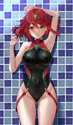 Rule 34 | 1girl, arm up, armpits, black one-piece swimsuit, blush, breasts, cameltoe, chest jewel, competition swimsuit, covered collarbone, covered erect nipples, covered navel, cowboy shot, gem, highleg, highres, large breasts, looking at viewer, matrix16, one-piece swimsuit, pyra (pro swimmer) (xenoblade), pyra (xenoblade), red eyes, red hair, red one-piece swimsuit, ribbed swimsuit, short hair, smile, solo, standing, strapless, strapless one-piece swimsuit, swept bangs, swimsuit, tiara, two-tone swimsuit, xenoblade chronicles (series), xenoblade chronicles 2