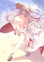 Rule 34 | 1girl, bare shoulders, beach, between breasts, blush, bracelet, braid, breasts, collarbone, commentary request, day, unworn eyewear, female pubic hair, full body, granblue fantasy, hat, hat ribbon, high heels, highres, holding, holding removed eyewear, jewelry, long hair, looking at viewer, magisa (granblue fantasy), nail polish, navel, nipples, outdoors, palm tree, pubic hair, red eyes, ribbon, sarong, smile, solo, straw hat, sunglasses, sunlight, thigh strap, thighs, tree, very long hair, walking, water, white hair, white pubic hair, yellowpaint.