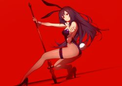 Rule 34 | 1girl, animal ears, bare shoulders, breasts, cleavage, detached collar, fake animal ears, fate/grand order, fate (series), fishnet pantyhose, fishnets, gae bolg (fate), high heels, highleg, highleg leotard, holding, holding polearm, holding spear, holding weapon, large breasts, leotard, long hair, looking at viewer, official alternate costume, open mouth, pantyhose, pisu, playboy bunny, polearm, purple hair, purple leotard, rabbit ears, rabbit tail, red background, red eyes, scathach (fate), scathach (piercing bunny) (fate), simple background, spear, tail, weapon, wrist cuffs