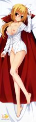 Rule 34 | 1girl, :&lt;, absurdres, bare legs, bare shoulders, barefoot, blonde hair, breasts, cape, cleavage, dakimakura (medium), dracu-riot!, dress shirt, full body, heterochromia, highres, huge filesize, large breasts, long hair, long image, low ponytail, lying, muririn, naked shirt, nicola cepheus, nipples, off shoulder, parted lips, scan, shirt, sleeves past wrists, solo, sweatdrop, tall image
