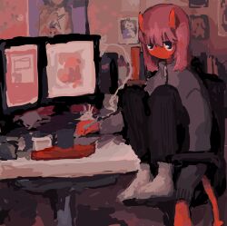Rule 34 | 1girl, 44insects, :|, arm at side, bedroom, black eyes, black pants, blunt ends, blush, book, bookshelf, chair, closed mouth, colored skin, computer, demon girl, demon horns, demon tail, desk, full body, grey jacket, hair between eyes, high collar, highres, holding, holding stylus, horns, indoors, jacket, kiwi (insects), knees up, legs together, long arms, long sleeves, looking at viewer, monitor, no lineart, no shoes, office chair, on chair, original, pants, photo (object), poster (object), red hair, red horns, red skin, red tail, scenery, short hair, sitting, socks, solo, stylus, swivel chair, tail, track jacket, white socks, zipper, zipper pull tab