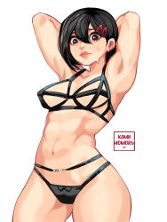 Rule 34 | 1girl, abs, arms behind head, arms up, black bow, black eyes, black hair, black panties, bow, bow panties, chainsaw man, closed mouth, collarbone, commission, covered erect nipples, grey background, hair between eyes, hair ornament, hairclip, higashiyama kobeni, highres, kamii momoru, lingerie, navel, panties, pink lips, signature, simple background, solo, sweat, sweatdrop, toned, underwear