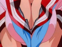 Rule 34 | 1990s (style), 1girl, animated, animated gif, bouncing breasts, breasts, burn-up, burn-up excess, cleavage, close-up, female focus, green hair, head out of frame, jinguu maya, large breasts, retro artstyle, sailor, short hair, solo, uniform