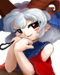 Rule 34 | 1girl, puff of air, bare shoulders, blue ribbon, blue vest, blush stickers, detached sleeves, earrings, grey hair, hands up, head rest, head tilt, highres, horn ornament, horn ribbon, horns, jewelry, looking at viewer, meandros, medium hair, own hands together, parted lips, red eyes, red horns, red sleeves, ribbon, sheep horns, short sleeves, simple background, smile, solo, touhou, toutetsu yuuma, upper body, vest, white background, white hair, wide sleeves, yakumora n, zun (style)